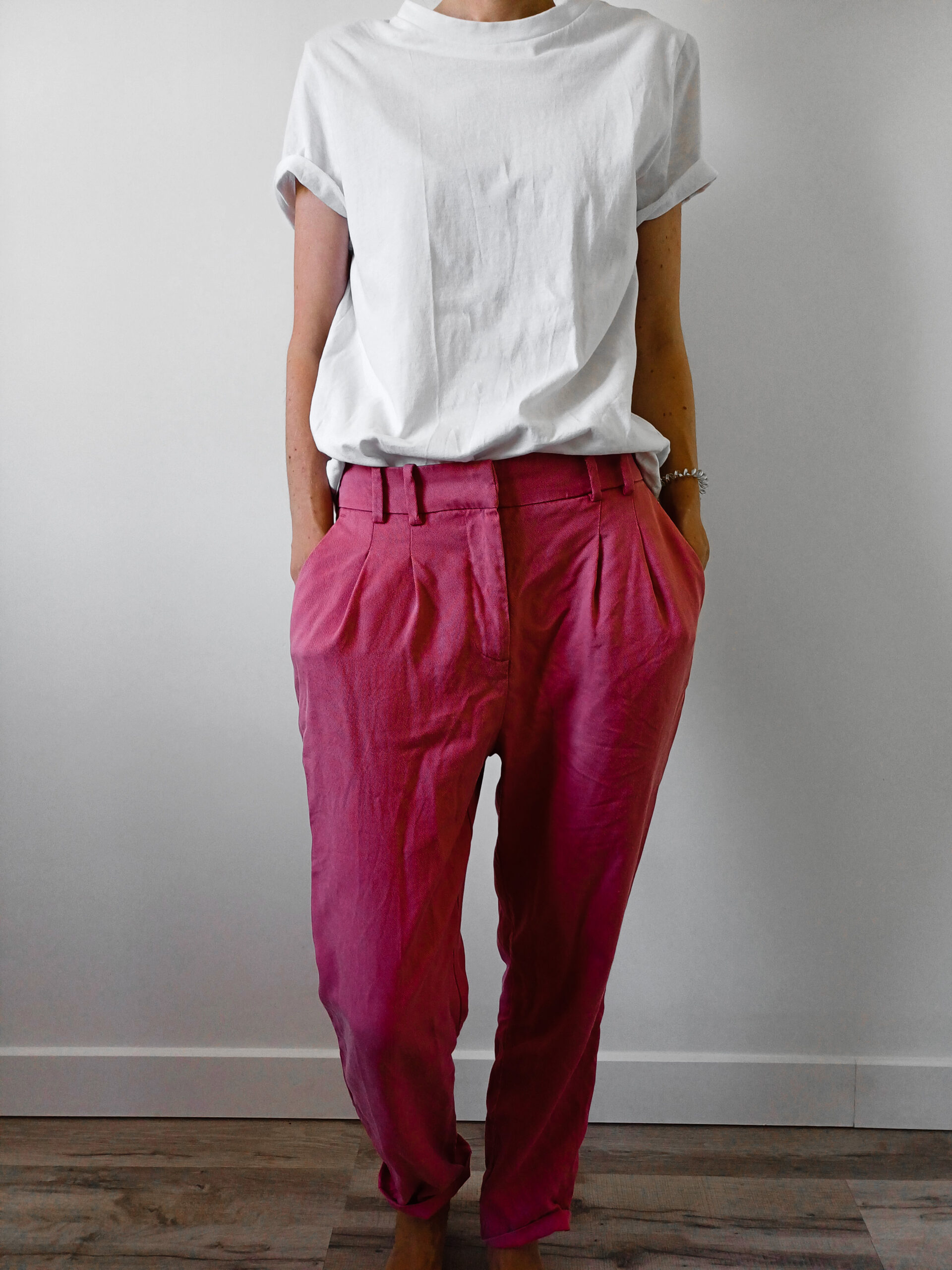 white t-shirt and pink pants